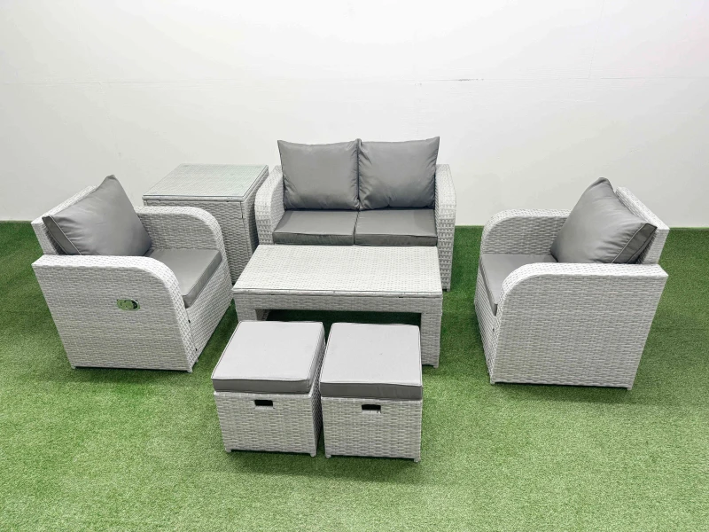 Image of Fimous Light Grey PE Wicker Rattan Garden Furniture Set Sofa Set Reclining Adjustable Chair Oblong Coffee Table 6 Seater 2 Small Stools Side Table Lig
