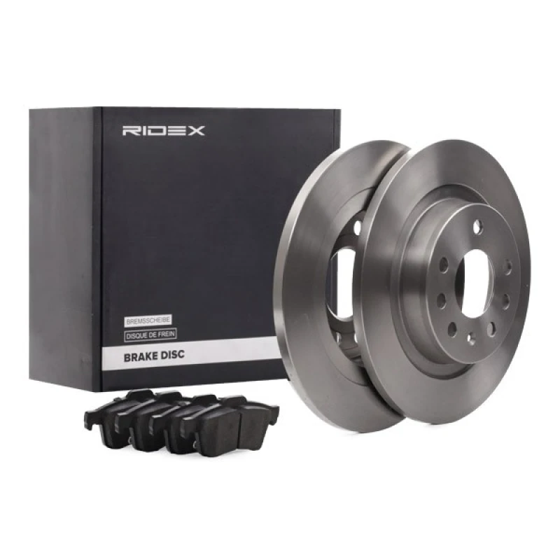 Image of RIDEX 3405B1338 Brake disc and pads set Rear Axle, Brake Disc Type: Solid, not prepared for wear warning indicator Brake Set,disc brakes (3405)