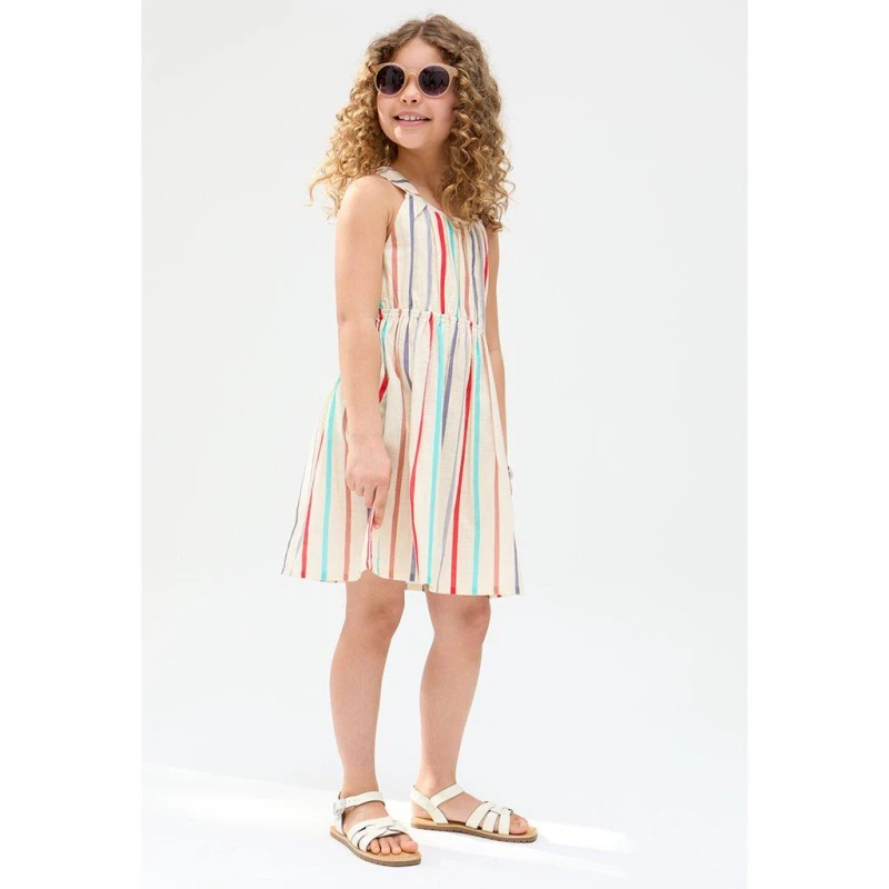 Image of Raffya Kids Kris Cross Back Stripe Print Dress In Cream Ecru female 6 Yrs