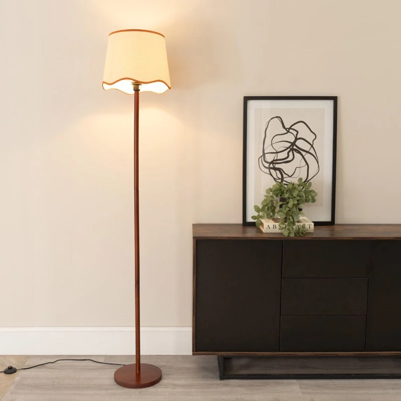 Image of ValueLights Heather Dark Wood Single Stem Floor Lamp with Scallop Edge Tapered Lamp Shade Burnt Orange