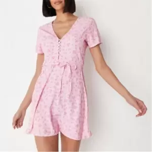 image of Missguided Ditsy Floral Print Half Button Tea Dress - Pink