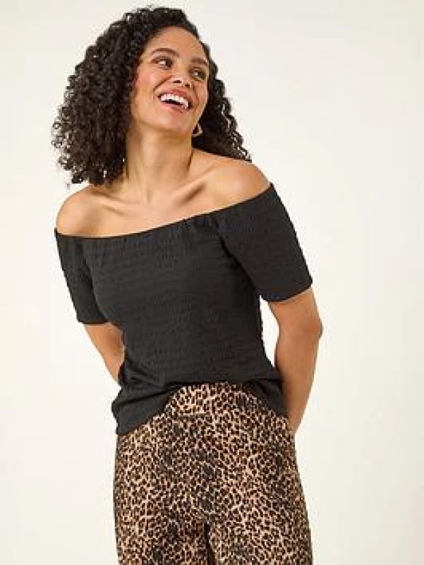 Image of Roman Womens Textured Bardot Stretch Top in Black Size: 12 Black Female 12