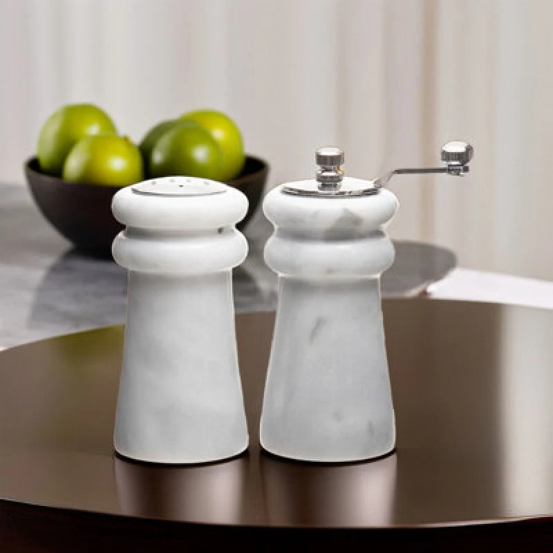 Image of Orsina White Marble Salt & Pepper Set, Elegant Natural Marble Shakers With Chrome Accents, Durable And Hygienic