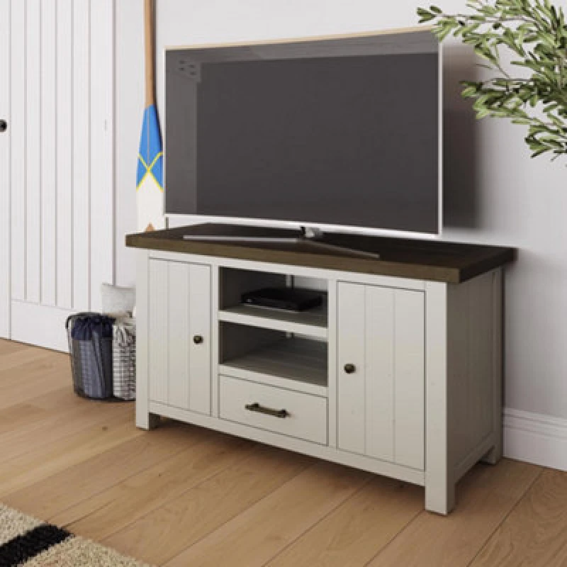 Image of FWStyle 2 Door 1 Drawer Open Shelf Handmade Solid Reclaimed Truffle Pine TV Unit Brown