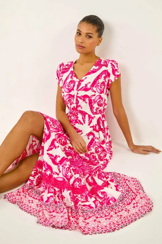 Image of Roman Womens Border Print Button Dress in Pink Size: 16 Pink Female 16