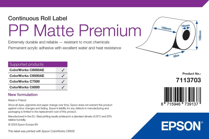 Image of Epson 7113703 Premium Matte White Continuous Label Roll 105mm x 55m (Original)