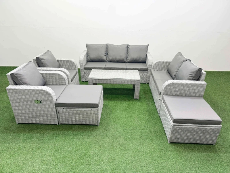 Image of Fimous PE Rattan Garden Furniture Set Adjustable Chair Sofa Double Love Seat 2 Seater Sofa Lounge Set Rectangular Coffee Table 2 Big Footstool Light G