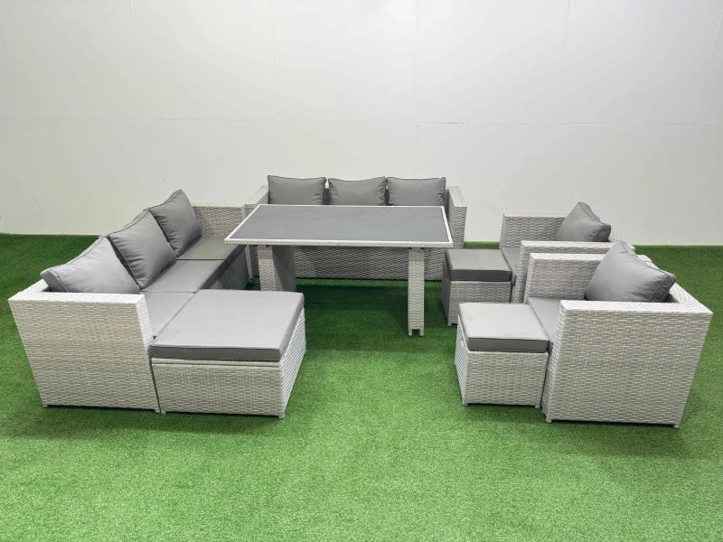Image of Fimous 11 Seater Outdoor Dining Table 3 Seater Sofa Set with 3 Stools in Light Grey Light Grey Unisex