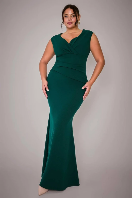 Image of Goddiva Womens Bardot Pleated Maxi Dress in Dark Green Size: 18 Dark Green Female 18