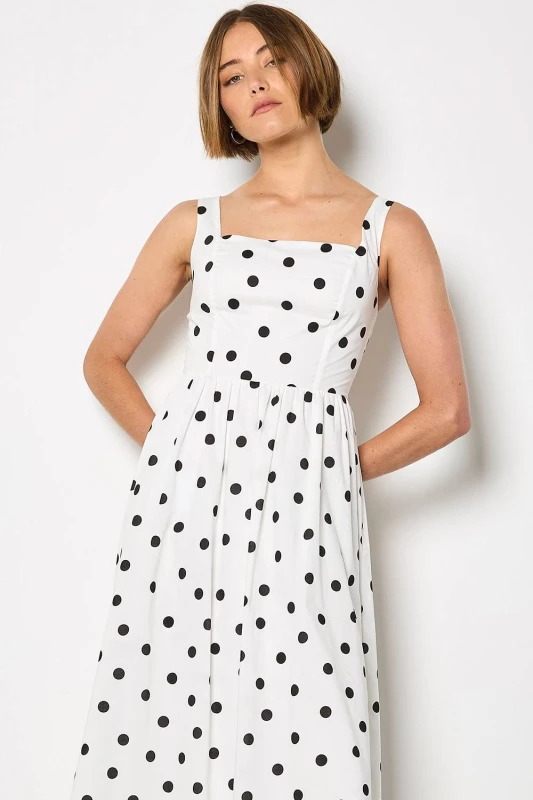 Image of Apricot Womens Polka Dot Smocked Midi Dress in White Size: 14 White Female 14
