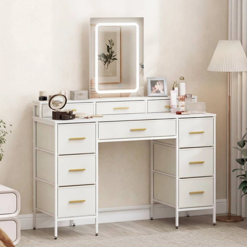Image of HOMCOM Dressing Table with LED Lighting Mirror & 10 Drawers, White White Unisex