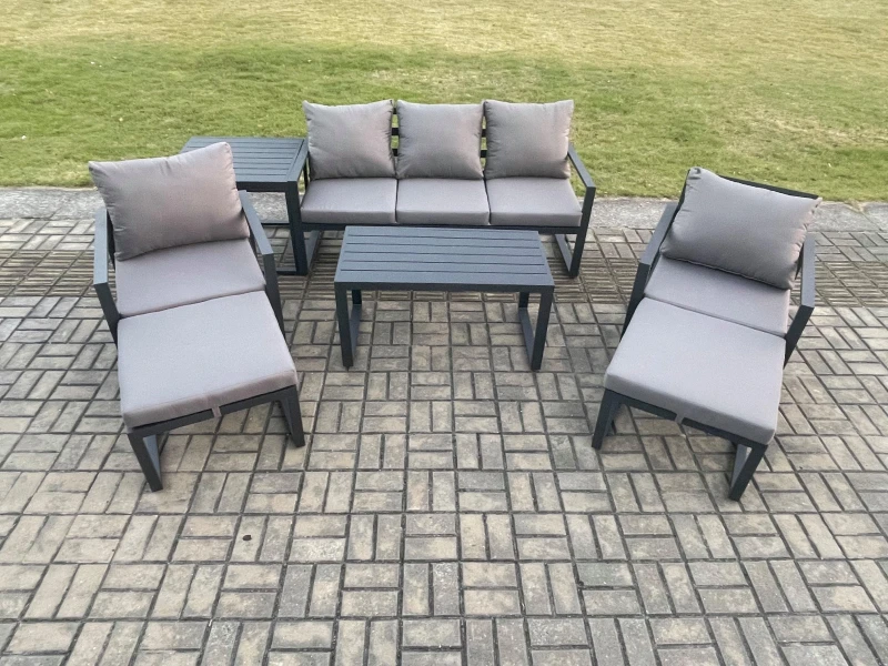 Image of Fimous Aluminium 7 Pieces Garden Furniture Sofa Set with Cushions 7 Seater Outdoor Patio Set with 2 Armchair 2 Big Footstools Side Table Dark Grey Dar