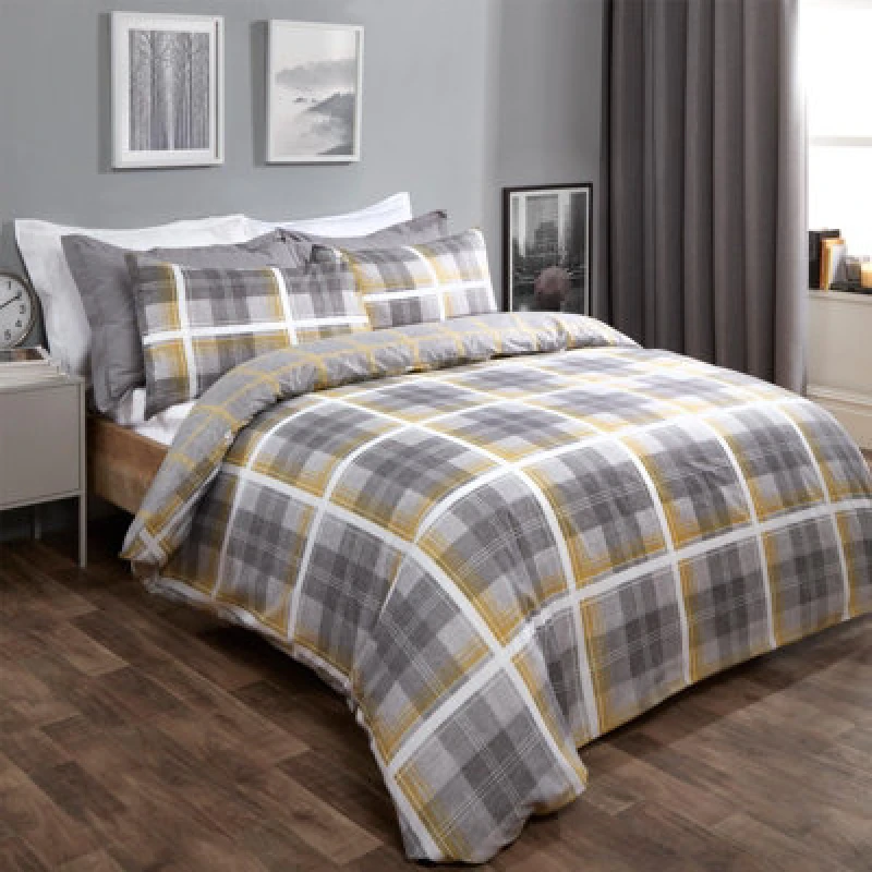 Image of OHS OHS Denim Check Duvet Cover with Pillowcase in Yellow Size: Single Yellow Single Unisex 5027434005901