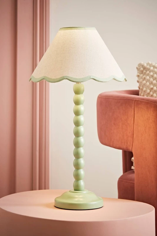 Image of ValueLights Bobbins Sage Green Table Lamp with Tapered Natural Linen Scallop Shade Green