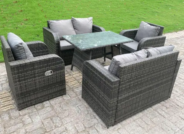 Image of Fimous 6 Seater Outdoor Dark Grey Rattan Lounge Complete Sofa Set with Dining Table and Reclining Chairs