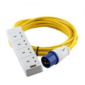 Image of Zexum 16A 230V Yellow Male to 4 Gang Hook Up Extension Cable Lead - 10m
