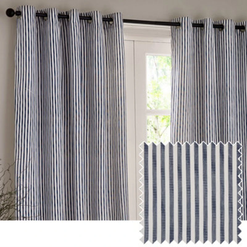 Image of Yard Hebden Striped Cotton Blackout Eyelet Curtains, Navy, (W) 229 X (D) 229Cm