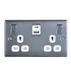 Image of British General Double 13A Switched Socket With USB X2 & White Inserts