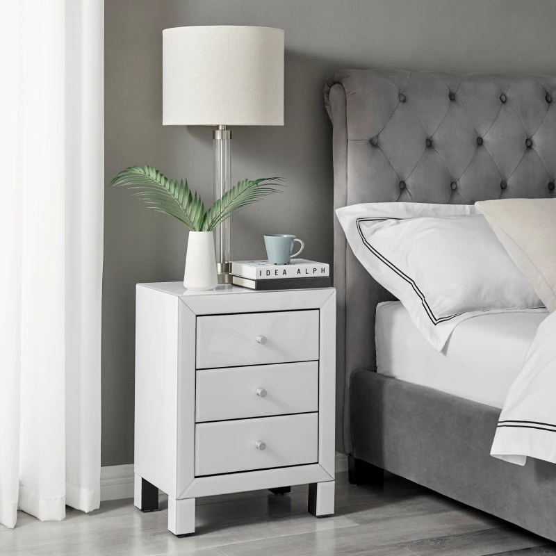 Image of FurnitureboxUK FurnitureboxUK Lexi Large Wooden Bedside Table with 3 Drawers and a Modern Mirrored Finish in White White One Size Unisex 5056542692024