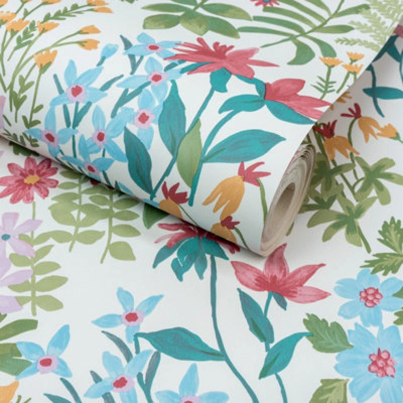 Image of Grandeco Pink, Blue & Green Agnala Floral Contemporary Smooth Wallpaper