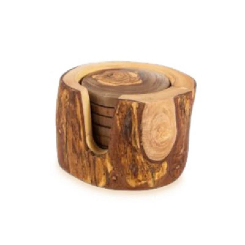 Image of Verano Spanish Ceramics Olive Wood Natural Grained Rustic Kitchen Dining Handmade Set of 6 Coasters In Box 8cm Natural unisex