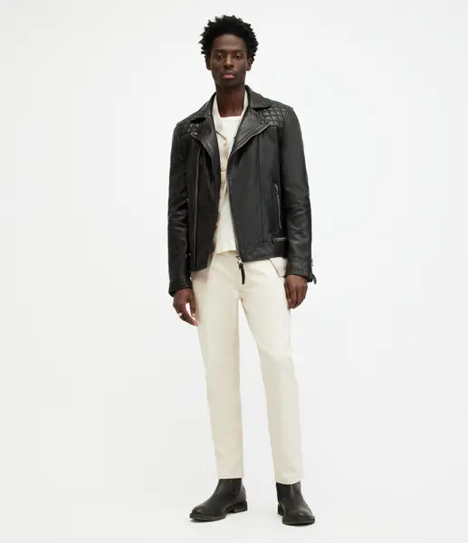 Image of AllSaints Mens Leather Crinkled Effect Regular Fit Quilted Traditional Conroy Biker Jacket, Navy Blue, Size: XXL