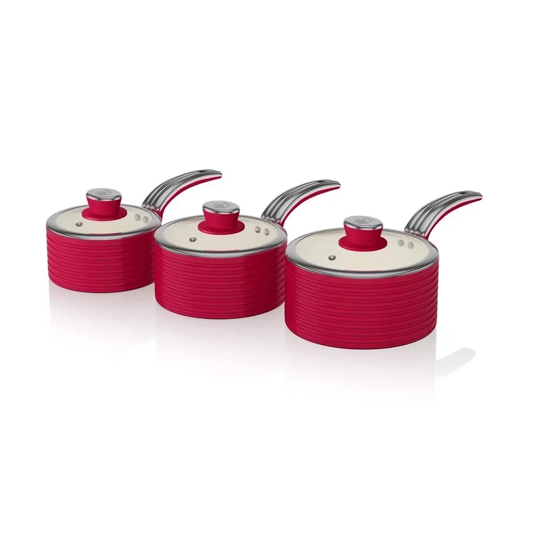 image of Swan Retro 3 Piece Saucepan Set Red