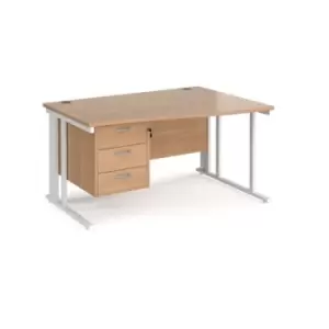 image of Office Desk Right Hand Wave Desk 1400mm With Pedestal Beech Top With White Frame Maestro 25 MCM14WRP3WHB