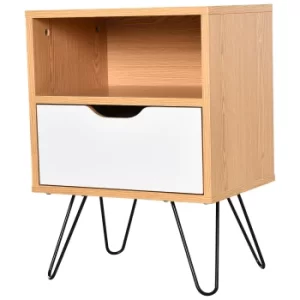 Image of HOMCOM 54x40cm Modern Bedside Table w/ Compartment Drawer Flat Top Metal Hairpin Legs Handle Storage Unit Elevated White Natural