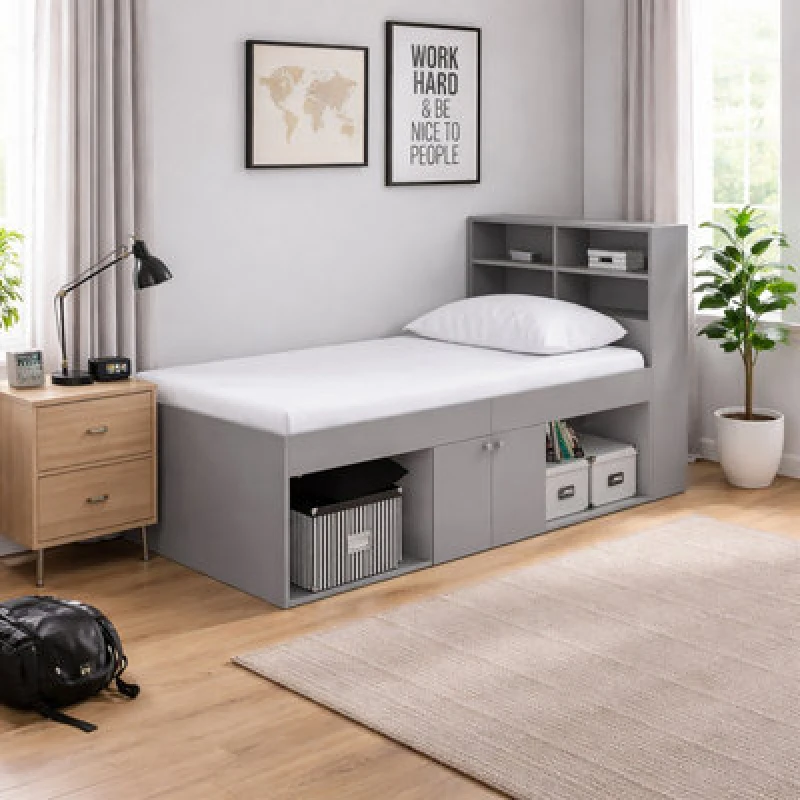 Image of Kudl Low Single 3ft Cabin Bed With Bookcase Headboard Grey K1GBUN