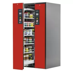 image of asecos Type 90 fire resistant vertical pull-out cabinet, 2 drawers, 10 shelves, grey/red