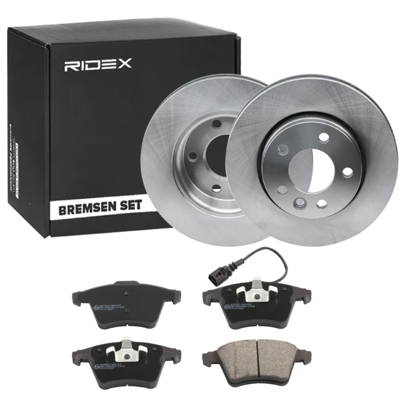 Image of RIDEX 3405B1528 Brake disc and pads set Front Axle, Brake Disc Type: Vented, with integrated wear warning contact Brake Set,disc brakes (3405)