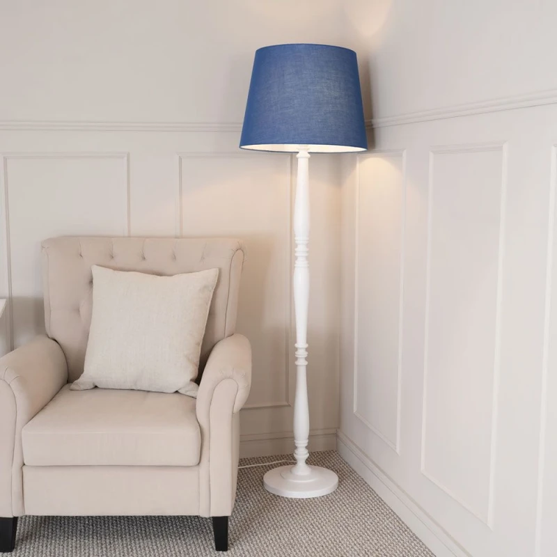 Image of ValueLights Victoria White Wood Traditional Stem Floor Lamp with Fabric Tapered Shade Blue