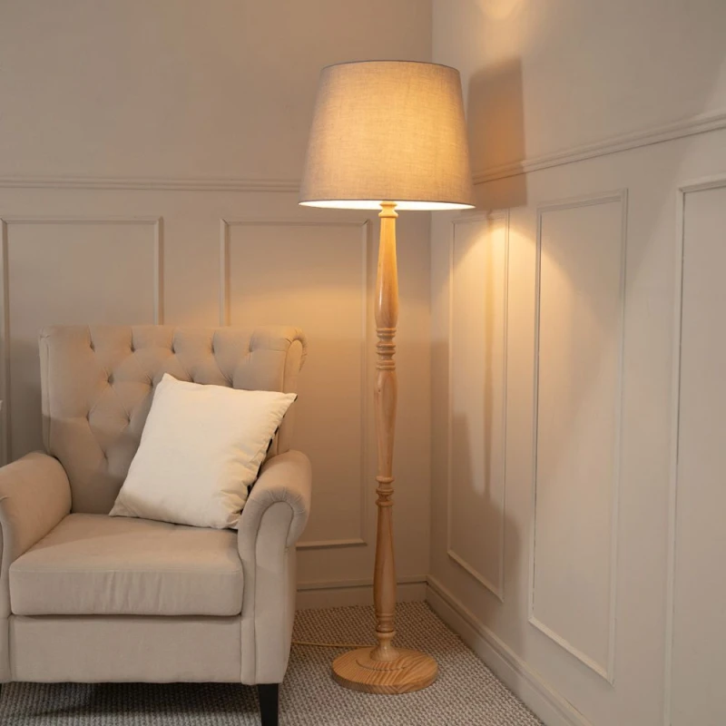 Image of ValueLights Victoria Light Wood Traditional Stem Floor Lamp with Fabric Tapered Shade Grey