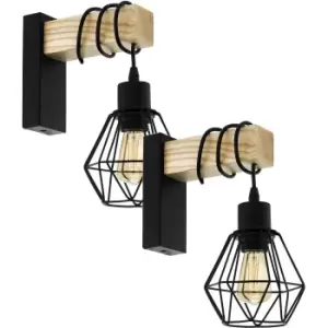 Image of 2 PACK LED Wall Light / Sconce Black Plate & Wood Hangman Cage 1x 10W E27