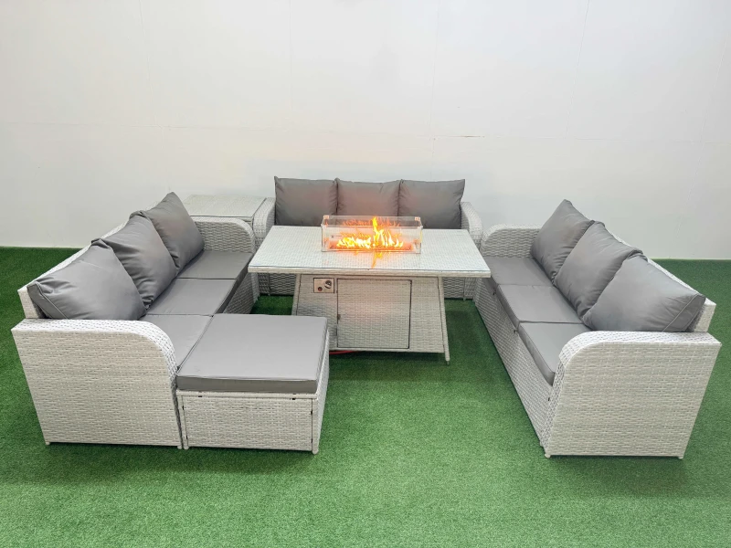 Image of Fimous PE Rattan Lounge Sofa Set 10 Seater Outdoor Garden Furniture Set with Firepit Dining Table 3 Seater Sofa Big Footstool Side Table Light Grey Li