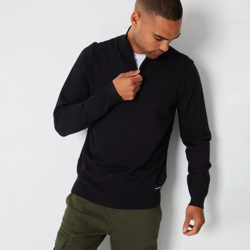 Image of Threadbare Funnel Neck Quarter Zip Knitted Jumper - Black 2XL