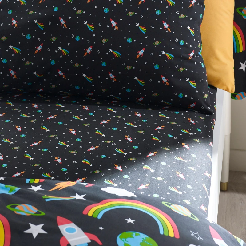 Image of Catherine Lansfield Rainbow Rockets Fitted Sheet Black unisex Double
