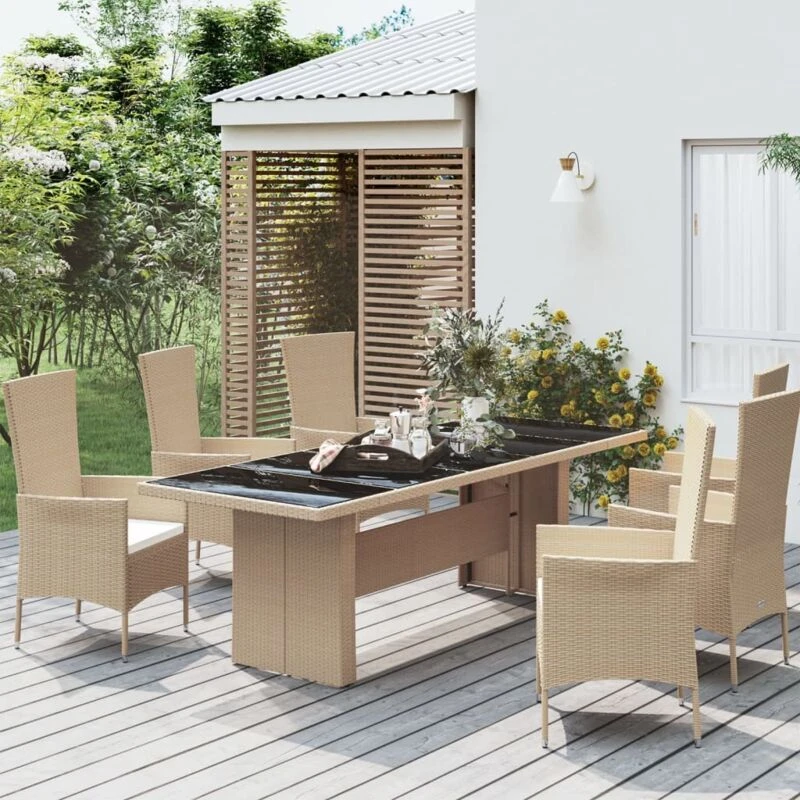 Image of VIDAXL Garden Table with Glass Top Beige Poly Rattan&Tempered Glass vidaXL 8720845671204