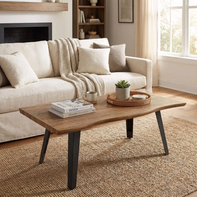 Image of FWStyle Nassau Wave Edge Coffee Table Oak Effect Black Metal Frame in Brown Brown Unisex