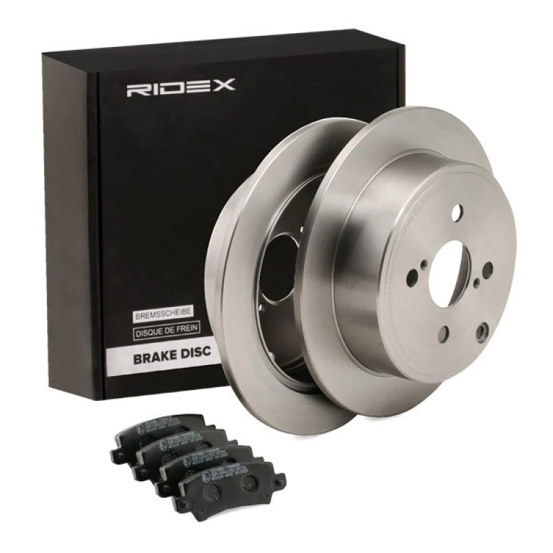 Image of RIDEX 3405B1453 Brake disc and pads set Rear Axle, Brake Disc Type: Solid, with acoustic wear warning Brake Set,disc brakes (3405)
