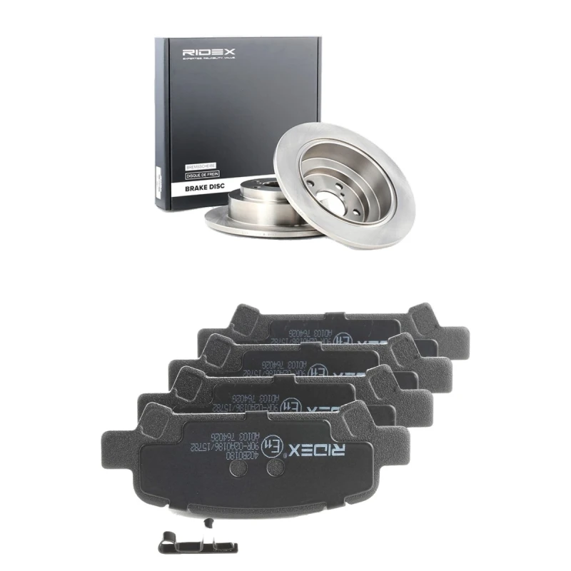 Image of RIDEX 3405B1908 Brake disc and pads set Rear Axle, Brake Disc Type: Solid, incl. wear warning contact Brake Set,disc brakes (3405)