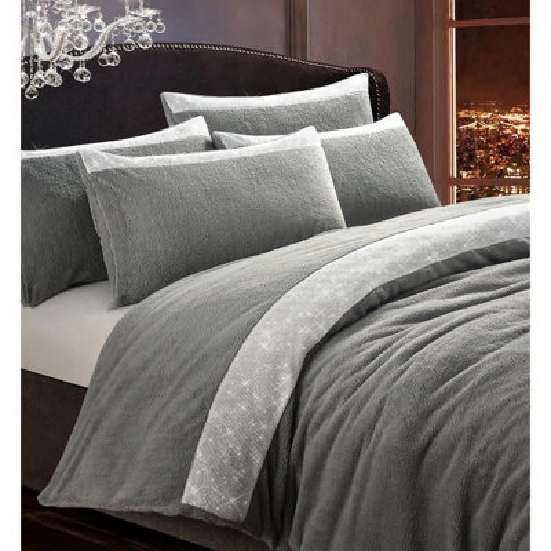 Image of Velosso Teddy Fleece Duvet And Pillowcase Set In Chic Pink & Silver, Luxurious And Cosy Bedding Set With Button Enclosure - Silver