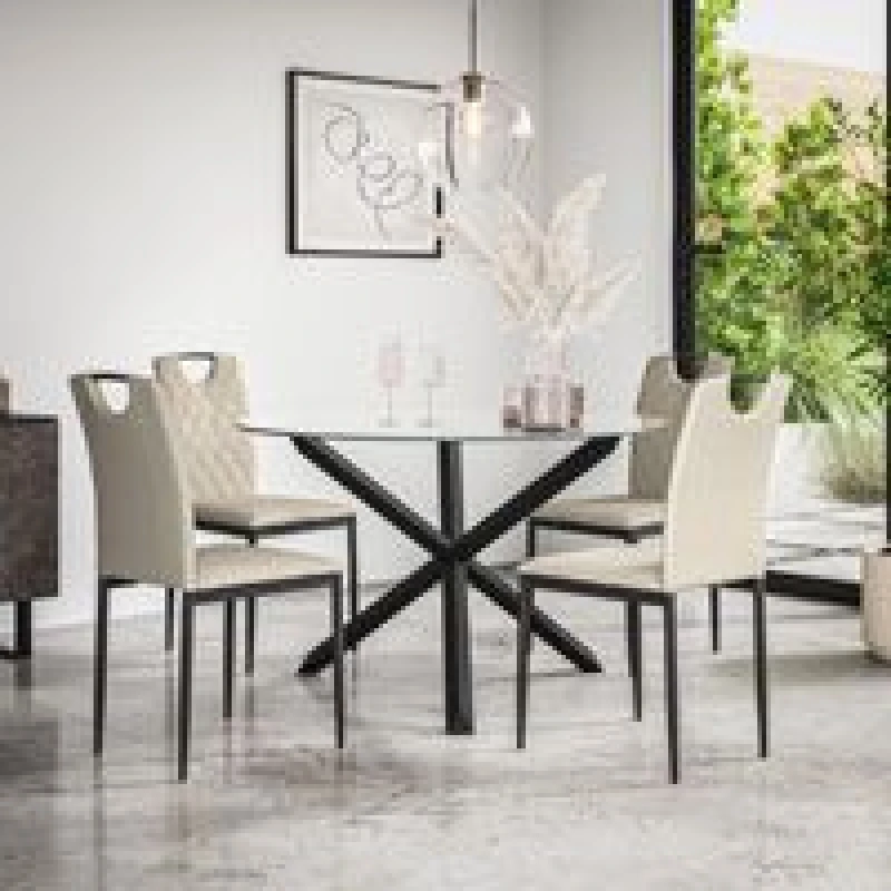 Image of More4Homes Malvern Round Dining Table And Chairs - Clear Glass Table Top W Solid Oak Black Legs + Monza Fabric Dining Chair Set Of 4 (Beige)