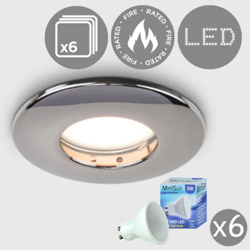 Image of ValueLights Downlight Fire Rated IP65 Ceiling Light Fitting 6 Pack With Cool White Bulbs Black