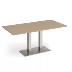 Image of Eros rectangular dining table with flat brushed steel rectangular base and twin uprights 1600mm x 800mm - kendal oak