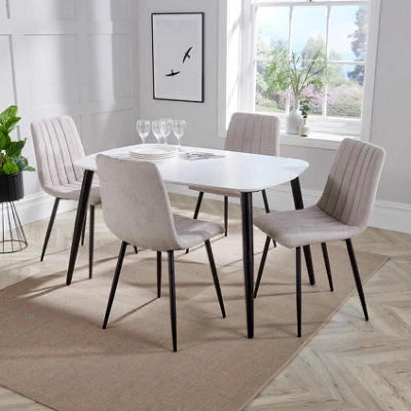 Image of Core Products Aspen White 120Cm Rectangular Dining Table With 4 Natural Fabric Straight Stitch Design Chairs