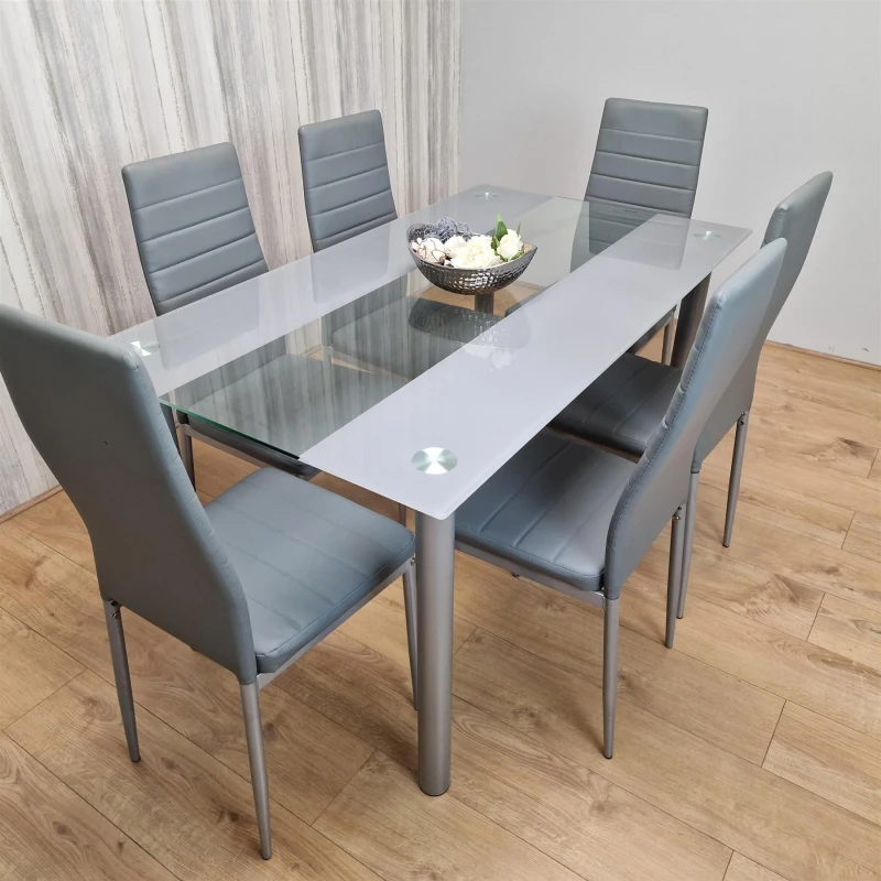 Image of Dining Table and 6 Chairs Grey Clear Glass 6 Leather Grey Chairs Dining Room Furniture j3lo5jblu9
