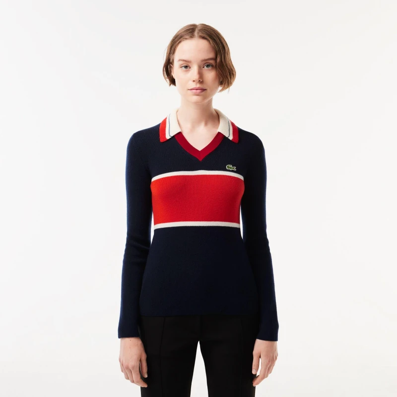 Image of Lacoste Womens Long-Sleeve Contrast T-Shirt Blue/Sunrise female 6 (34)