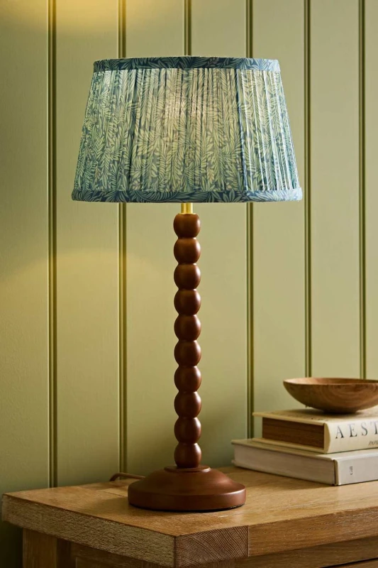 Image of ValueLights Bobbin Leaf Printed Pleated Shade Walnut Bobble Table Lamp in Mid Blue Mid Blue Unisex